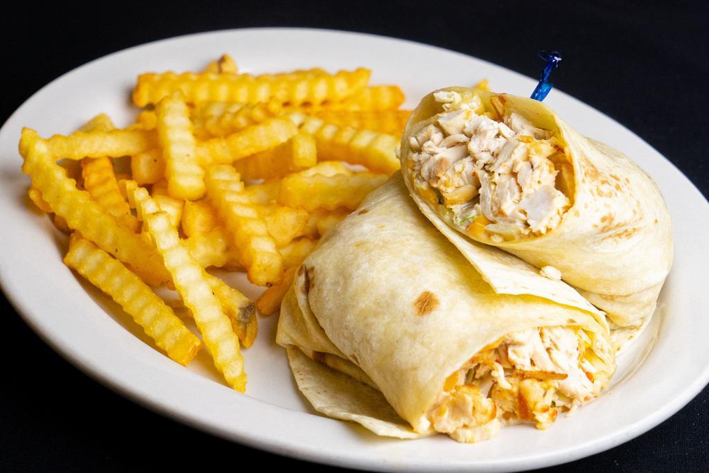 Chicken Bacon Ranch Wrap · Lettuce, tomato, bacon, Cheddar Jack cheese, and chicken tossed in ranch, wrapped in a flour tortilla. Served with french fries or tator tots.