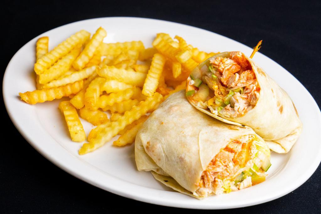 Buffalo Chicken Wrap · Buffalo chicken, lettuce, tomato, onion, banana peppers, celery and Cheddar Jack cheese, and wrapped in a flour tortilla. Served with french fries or tator tots.