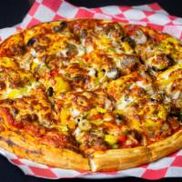 Gutterball · Pepperoni, sausage, onions, mushrooms, bell peppers, black olives, green olives, banana pepp...