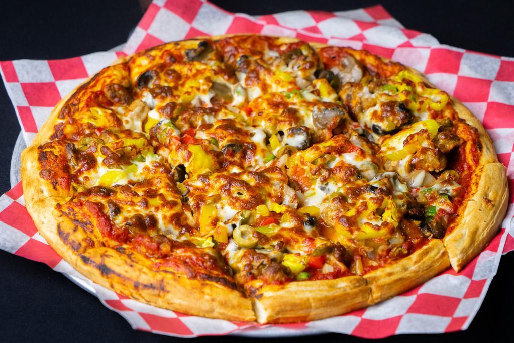 Gutterball · Pepperoni, sausage, onions, mushrooms, bell peppers, black olives, green olives, banana peppers, and mozzarella cheese.