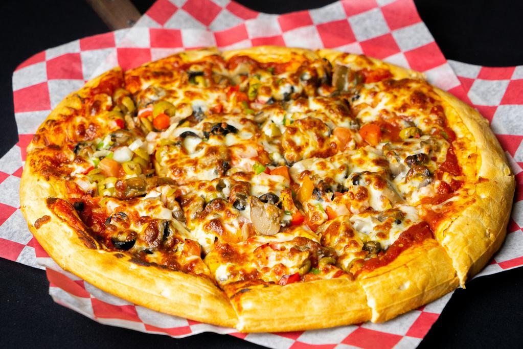 Veggie · Diced tomatoes, bell peppers, black olives, green olives, onions, mushrooms and mozzarella cheese.