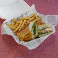 Fish Sandwich with Fries · Deep-fried 8 oz. tilapia filet fish, lettuce, tomatoes, mayo, American cheese.