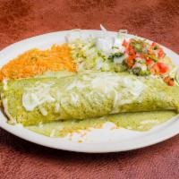Cilantro Burrito · A delicious burrito filled with steak or grilled chicken and beans. Topped with cilantro sau...