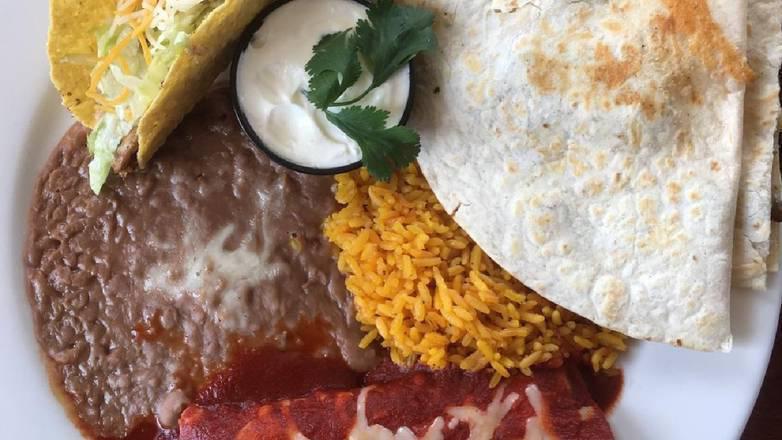 Mexicana · 1 quesadilla, 1 enchilada and a soft taco, choice of beef, chicken, pork or steak. Served with rice and beans on the side.