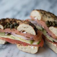 Lox ＆ Bagel · smoked salmon, cream cheese, cucumber, tomato and red onion on a bagel