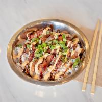 Crispy Chicken Bowl · Crispy gochujang and garlic marinated chicken, rice, spicy aioli, unagi sauce, and green oni...