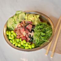 Miyagi Bowl · Raw. Ahi tuna, scallops, avocado, wakame, cucumber, sesame seeds, rice, and classic shoyu.