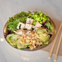 Veggie Bowl · Tofu, avocado, macadamia nuts, edamame, cucumber, wakame, red onion, mixed greens, rice, and...