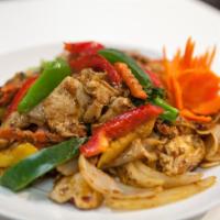 N3. Drunken Noodles · Fresh wide rice noodles stir fried with eggs, basil leaves and mixed vegetables in spicy Tha...