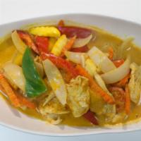 SP4. Mango Curry Dinner · Sauteed chicken with mango chunks, onions, squash, carrot, snow pea, tomato and red and gree...