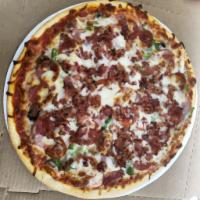Penny Road Pizza · The works, with sausage, pepperoni, ham, bacon, mushrooms Canadian bacon, onions and green p...