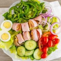 Chef Salad · Turkey, ham, salami, provolone, American cheese, romaine hearts lettuce, and fresh garden ve...