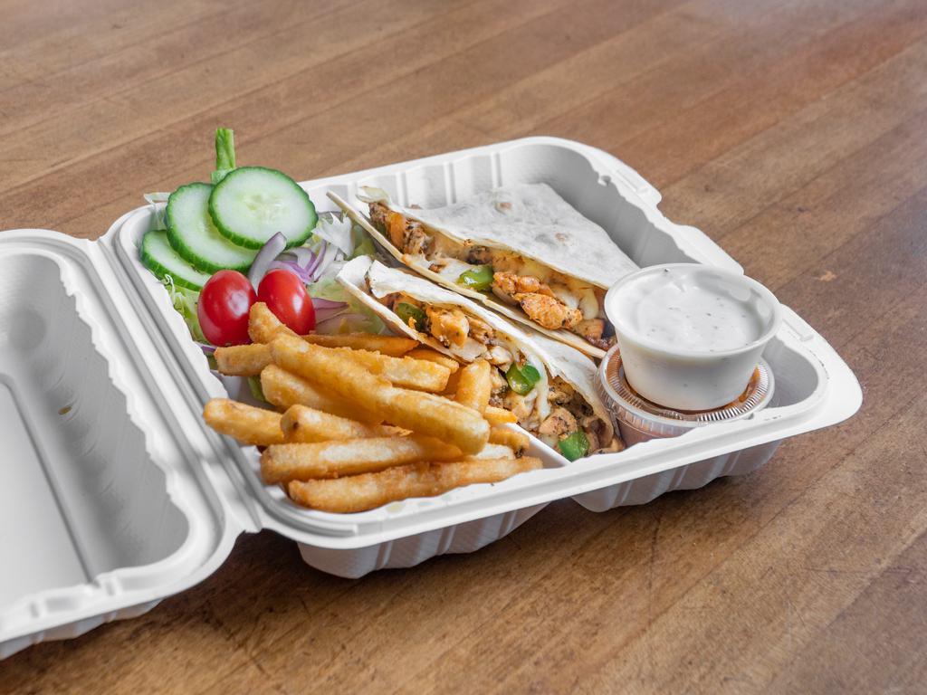 Chicken Quesadilla Wrap · Grilled chicken, green peppers, onions, mozzarella, grilled tomatoes, and sour cream.