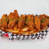 Plain Southern Fried Chicken Wings · Served with fries tossed in sauce.