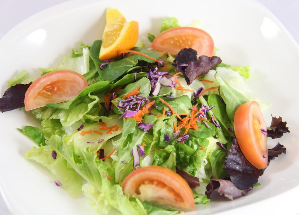 House Salad · Mixed greens and spring mix with tomato and orange and carrot and red onion and alfafa sprouts with house-made ginger dressing.
