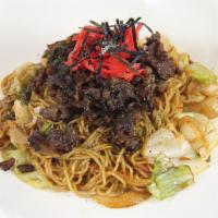 Beef (or Chicken or Veggie) Yaki Soba · Stir-fried soba noodle with thinly sliced beef and vegetables (green cabbage, yellow onion, ...