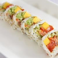 Tropical Roll · Salmon, mango, spicy tuna, masago, avocado, and cucumber roll wrapped in soy paper.