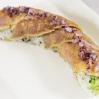 Citric Albacore Roll · Seared albacore on top of california roll topped with chopped red onion or jalapeno slices w...