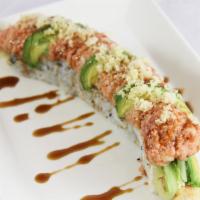 San Pedro  Roll · Spicy Tuna + Avocado with Eel Sauce and Crunchy on Shrimp Tempura + Crab Meat + Cucumber Rol...
