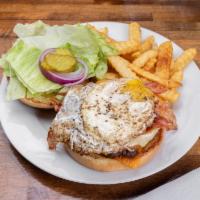 Big Sexy Burger · 1/2 lb. burger topped with cheddar, bacon lettuce tomato, onion, mayo, and fried egg. Served...