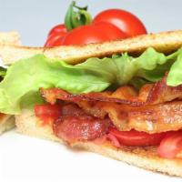 Cali BLT Sandwich · Crisp slices of smoked bacon, lettuce, tomato, avocado, red onion, and mayo and served with ...