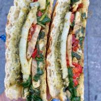Tuscan Vegan Veggie Panini · Artichoke hearts, sun-dried tomatoes, mushrooms, spinach, roasted red peppers, and provolone...