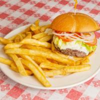 The All American Burger · American, hamburger patty, lettuce, tomatoes and onions.