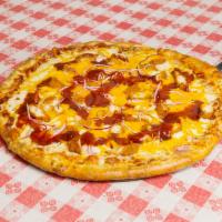 BBQ Chicken Pizza · Fried chicken, red onion, BBQ sauce and cheddar cheese.