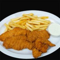 Chicken Strips with Fries · Crispy breaded chicken strips served with a side of french fries and a side of ranch.