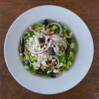 Greek Salad · Fresh romaine lettuce, cucumbers, tomatoes, red onion, feta cheese, Kalamata olives, and hou...