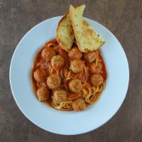 Spaghetti with Meatballs · Thin spaghetti with beef meatballs and marinara sauce.