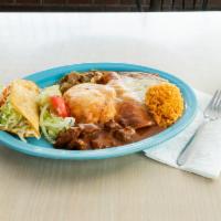 #1. Mostly Beef Combo · Beef taco Beef enchilada Chile Relleno side Chile colorado side Chile verde and rice beans
