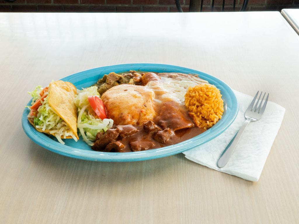 #3. Mostly Chicken Combo · Chicken taco Chicken Enchilada Chile Relleno side Chile Colorado side Chile verde rice and beans