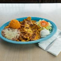 Chorizo and Egg Plate · Chorizo eggs potatoes served with rice and beans side of sour cream 