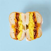 Bacon Egg and Cheese Bagel · Choice of bagel with bacon, 2 scrambled eggs, and cheese.