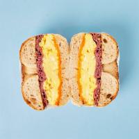Pastrami Egg and Cheese Bagel · Choice of bagel with pastrami, 2 scrambled eggs, and cheese.
