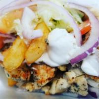 Chicken Gyro Platter · Chicken Gyro, Tzatziki Sauce, Crispy Seasoned Fries, Fresh Greek Salad, Balsamic Vinaigrette. 