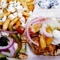 Chicken Souvlaki Platter · Chicken Souvlaki, Tzatziki Sauce, Seasoned Fries, Fresh Greek Salad