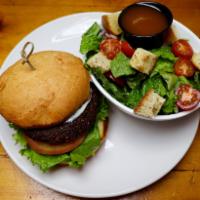 Vegan Burger · House made smoked beet and mushroom burger with tomato and lettuce, served with vegan garlic...
