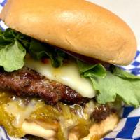 Hatch Chili Burger · Pepper Jack cheese and garlic infused hatch green chilis.