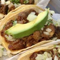 3 Street Tacos with Avocado · Topped with cilantro, onion relish, salsa fresca, and avocado.