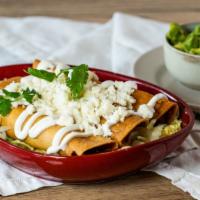 3 Chicken Flautas with Chef’s Guacamole · Shredded chicken and cheese rolled tortillas with chipotle sauce, lettuce, crema, queso fres...
