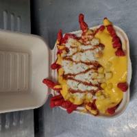 Cheetos lokos  · Flaming hot cheetos drizzled with nacho cheese, corn & parmesan cheese.