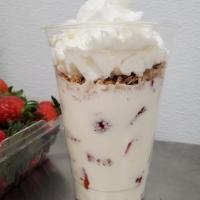 Strawberries with Cream · Sliced strawberries with dairy cream. Topped with granola & whipped cream