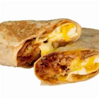 Bacon Breakfast Burrito · 3 eggs, smoked bacon, white american cheese, crispy tater tots, caramelized onions, spicy ma...