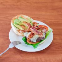 Burger BLT · Burger pepper jack cheese, romaine, tomato, avocado, onions, bacon and chipotle mayo.