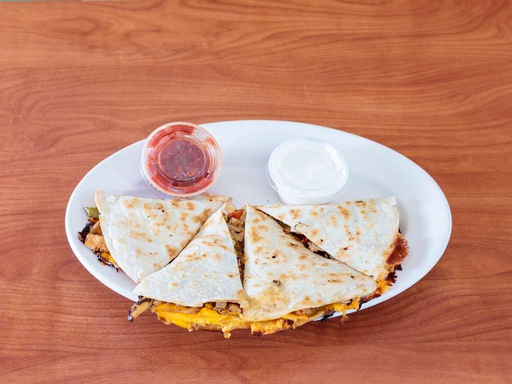 Chicken Quesadilla · Grilled chicken, cheddar and mozzarella cheese, peppers, onions on a tortilla. Side of salsa and sour cream.