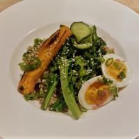 Organic Grain Bowl · Quinoa and Brown Rice, Marinated Greens, Sweet Potato, Avocado, Boiled Egg