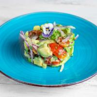 Tomato Avocado Salad · Cherry tomatoes, avocado, red onion, garlic, lime juice, cilantro, extra-virgin olive-oil, a...