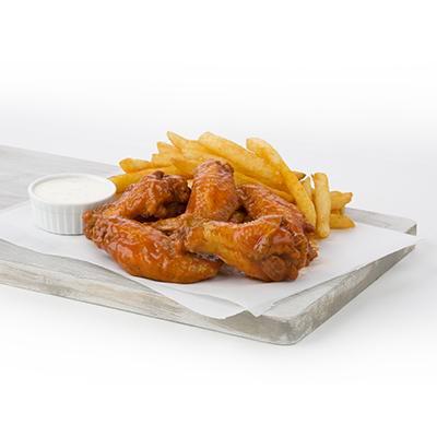Buffalo Wings · Perfectly sized for lunch, but great anytime! You get 5 of our juicy-fresh chicken wings tossed in your choice of sauce. Our chicken wings are never frozen and void of any added hormones or steroids. This combo is only complete when we add our crispy fries and a fountain drink.